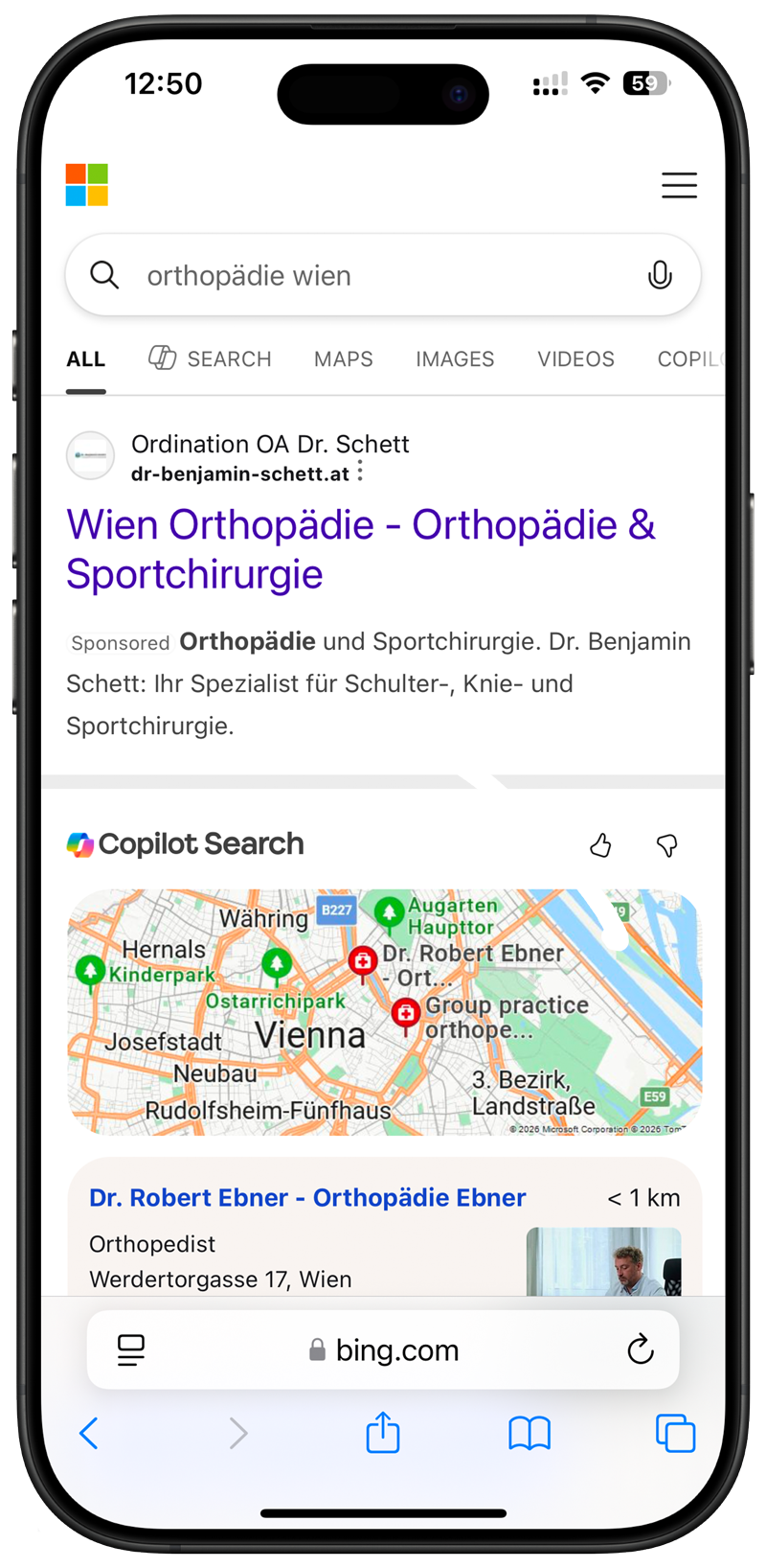 iPhone mit gesponsertem Bing-Suchergebnis