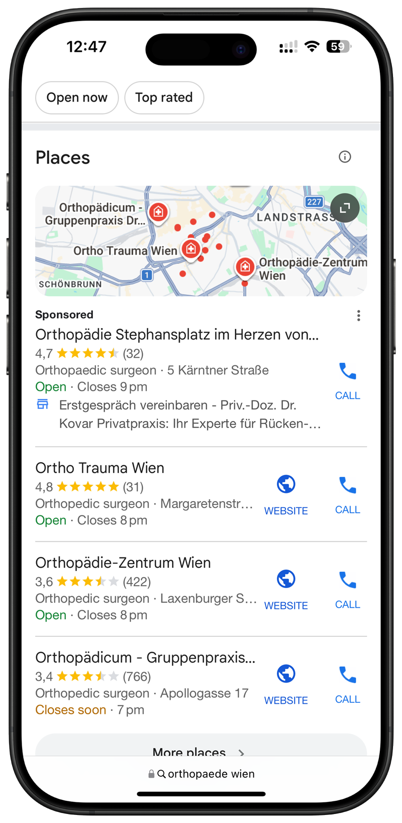iPhone mit gesponsertem Google-Maps-Eintrag