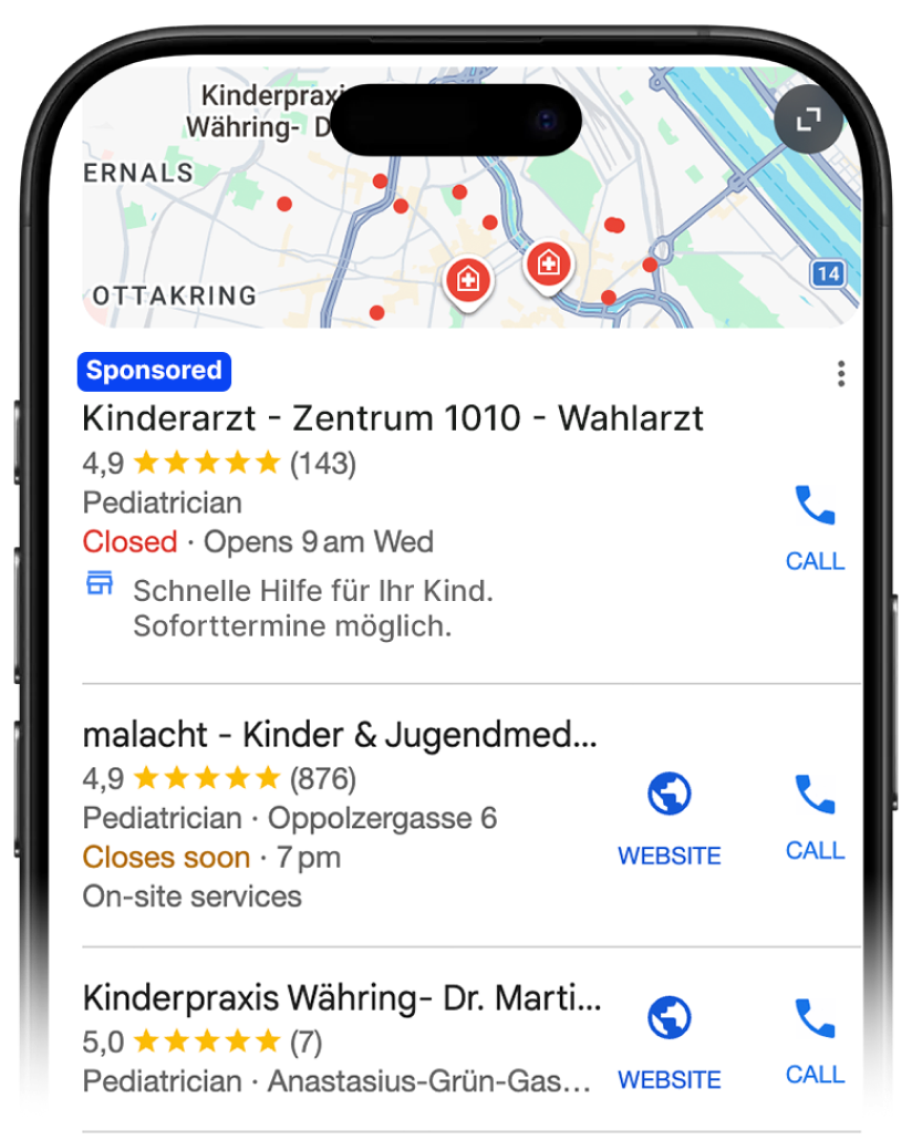 iPhone mit Google Maps-Suchergebnis: gesponsorter Eintrag einer Ordination