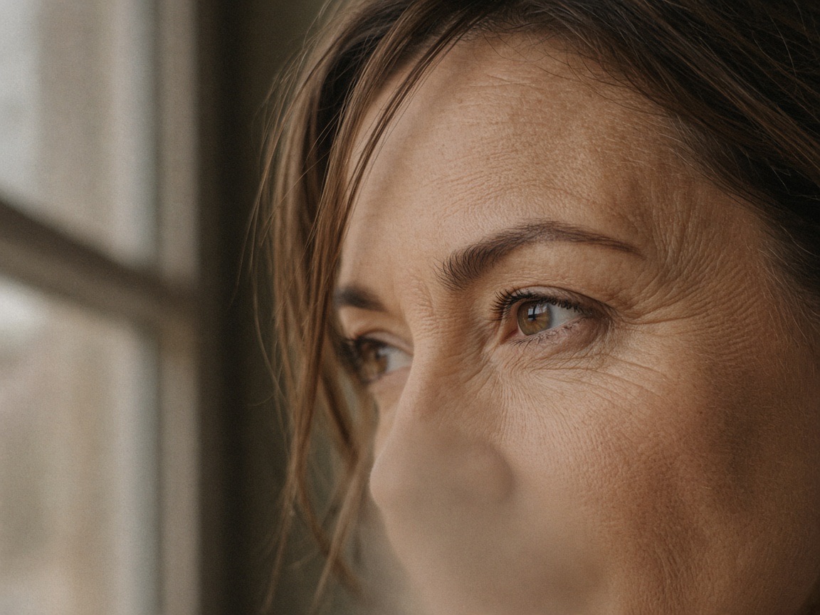 Augenpartie einer Frau um die 45 mit feinen Linien, Blick aus dem Fenster