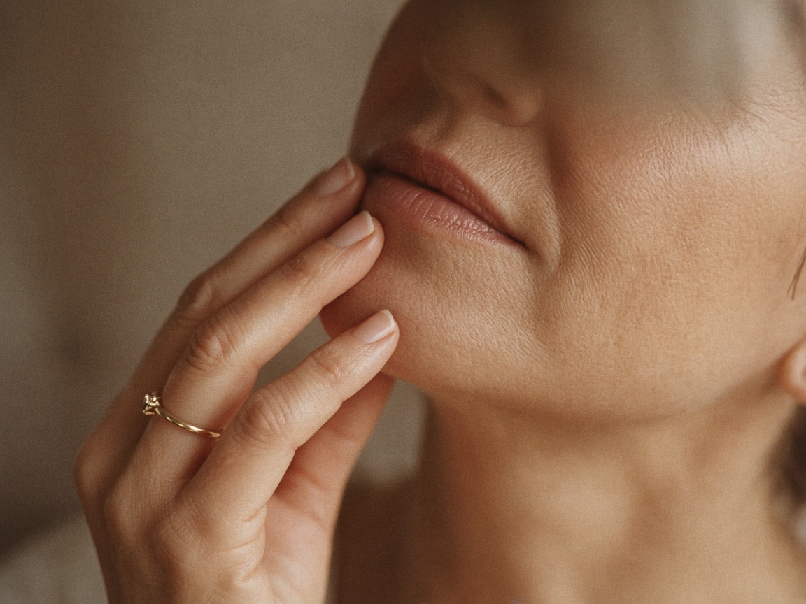 Frau berührt mit den Fingerspitzen Kinn und Wange, nur die untere Gesichtshälfte im Bild