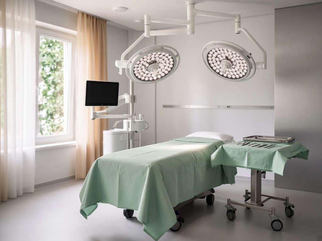 Kleiner, heller OP-Raum einer Privatklinik mit OP-Liege, grünen Tüchern, Instrumententisch und zwei OP-Leuchten