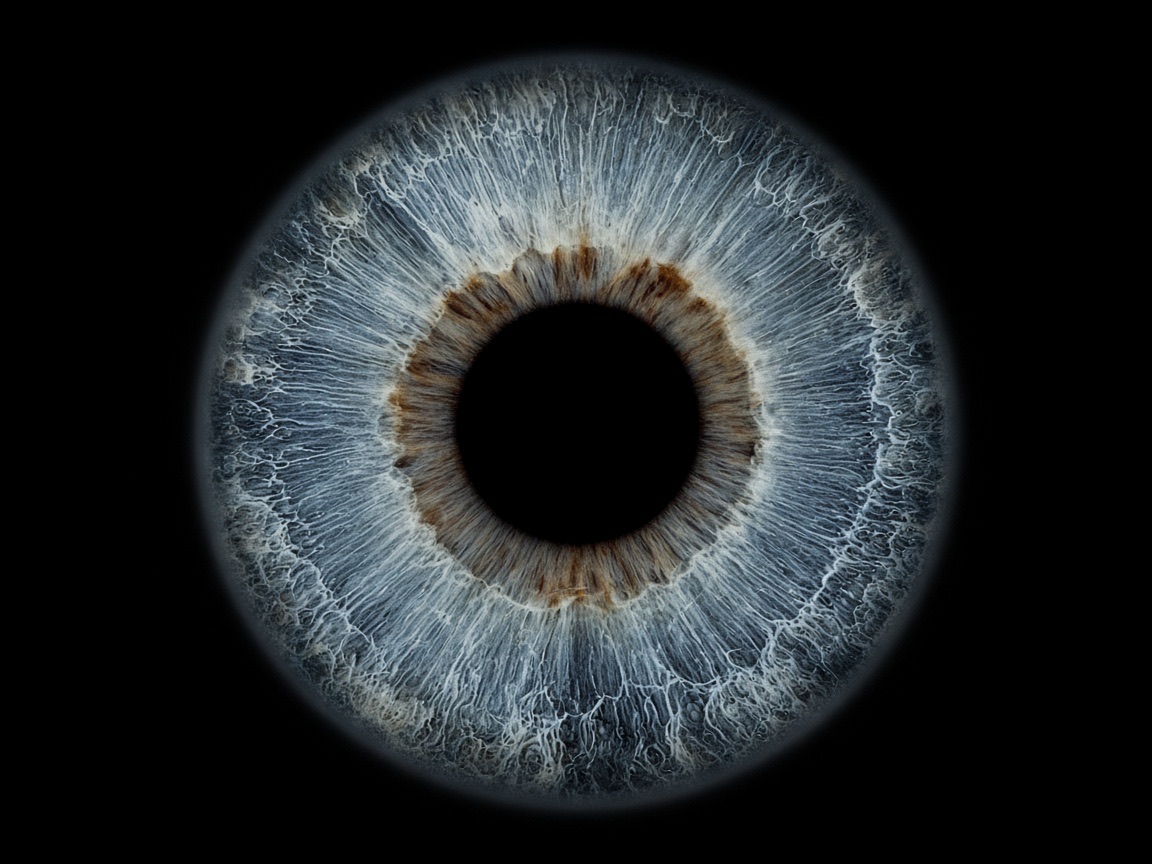 Makroaufnahme einer blaugrauen Iris mit Pupille vor schwarzem Hintergrund