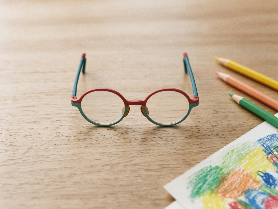 Bunte Kinderbrille auf einem Holztisch neben Buntstiften und einer Kinderzeichnung