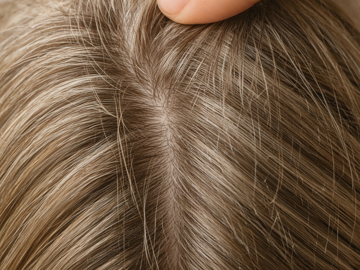 Nahaufnahme eines Scheitels in blondem Haar, ein Finger hebt einzelne Strähnen zur Seite