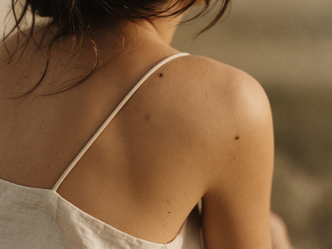 Schulter und Rücken einer Frau mit einigen Muttermalen, Sommerkleid, Abendsonne