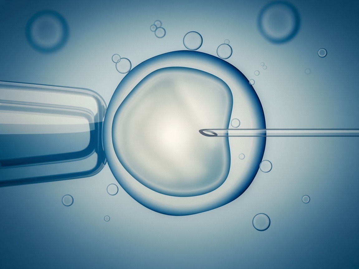 Eizelle unter dem Mikroskop, links die Haltepipette, rechts die feine Injektionsnadel