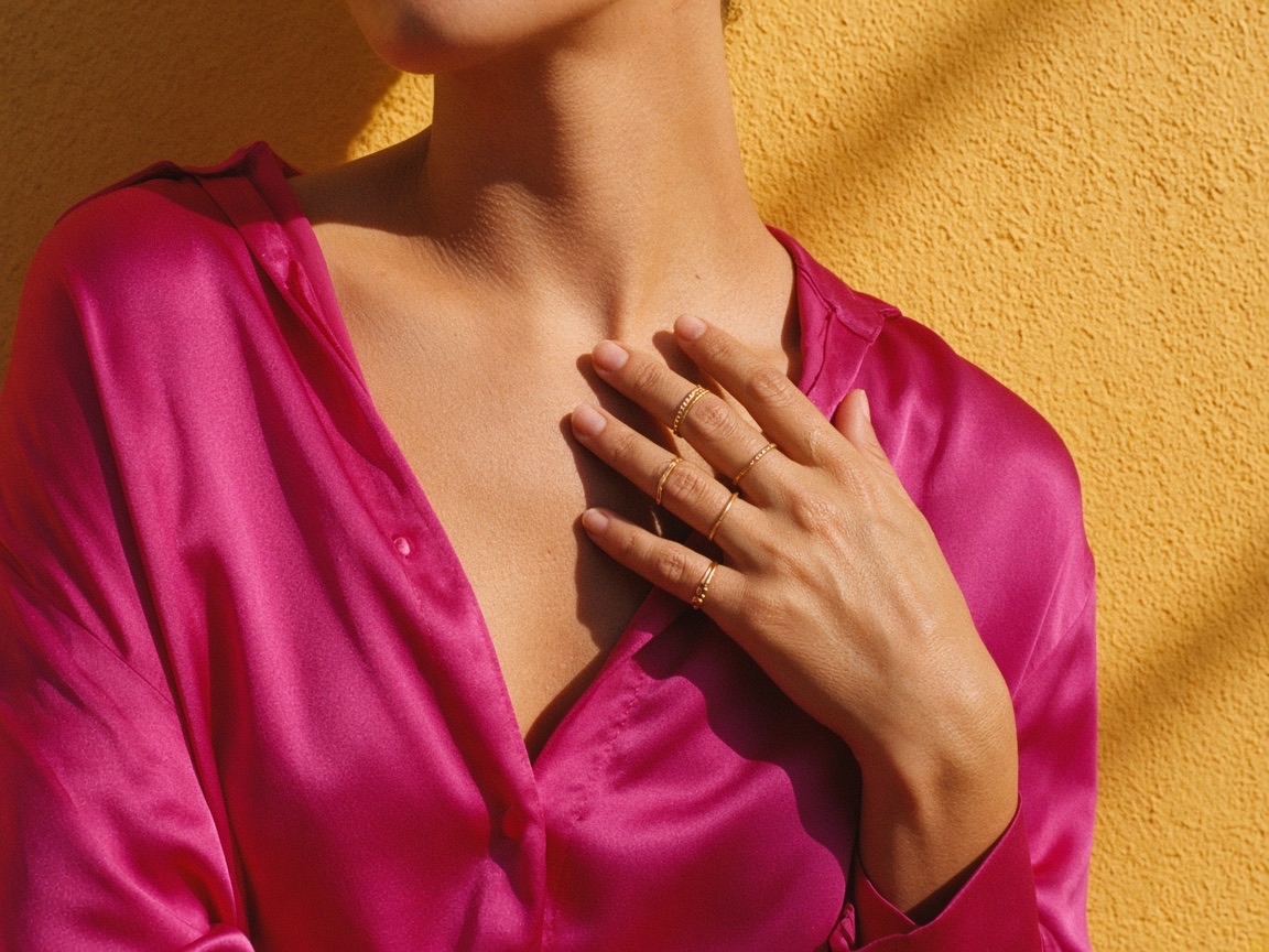 Hand einer Frau an ihrem Schlüsselbein, pinke Seidenbluse vor sonnengelber Wand