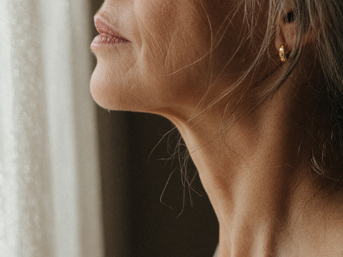 Profil einer Frau um die fünfzig am Fenster, nur Kinn, Hals und graublondes Haar