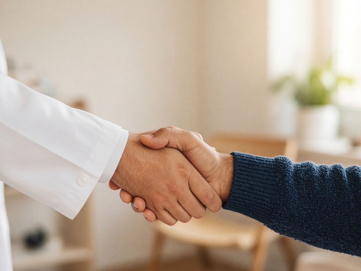 Handschlag zwischen Arzt im weißen Mantel und Patient im blauen Pullover