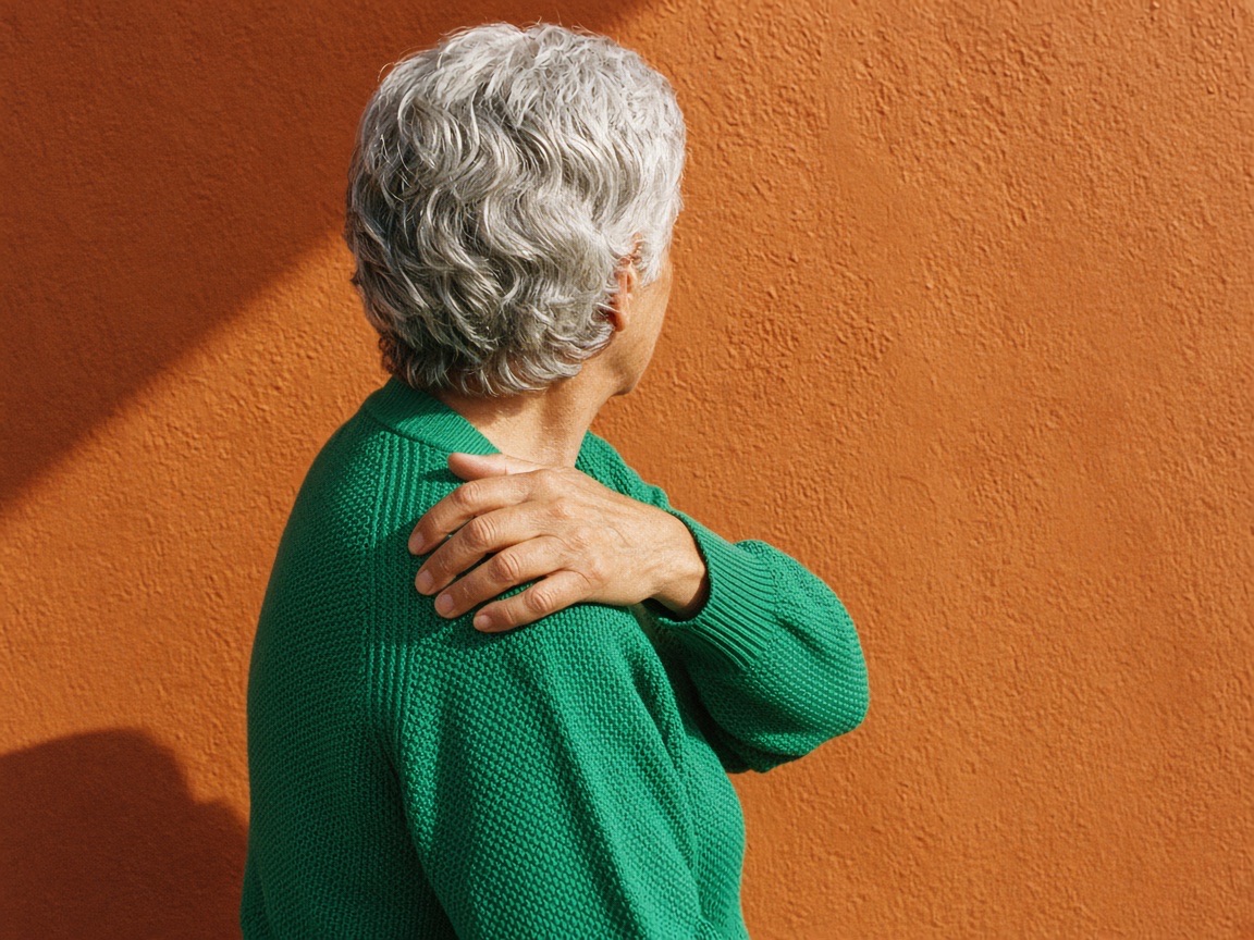 Frau mit grauem Haar und grüner Strickjacke von hinten, Hand an der Schulter, vor einer orangen Wand