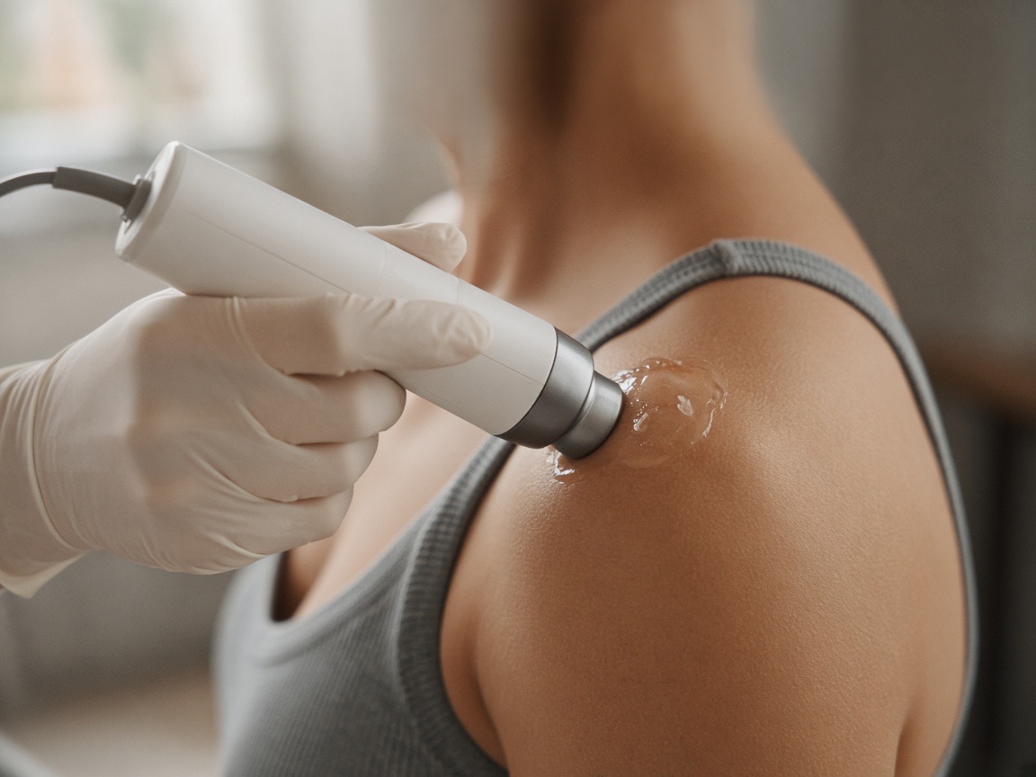 Stoßwellentherapie an der Schulter, behandschuhte Hand mit Applikator und Gel auf der Haut